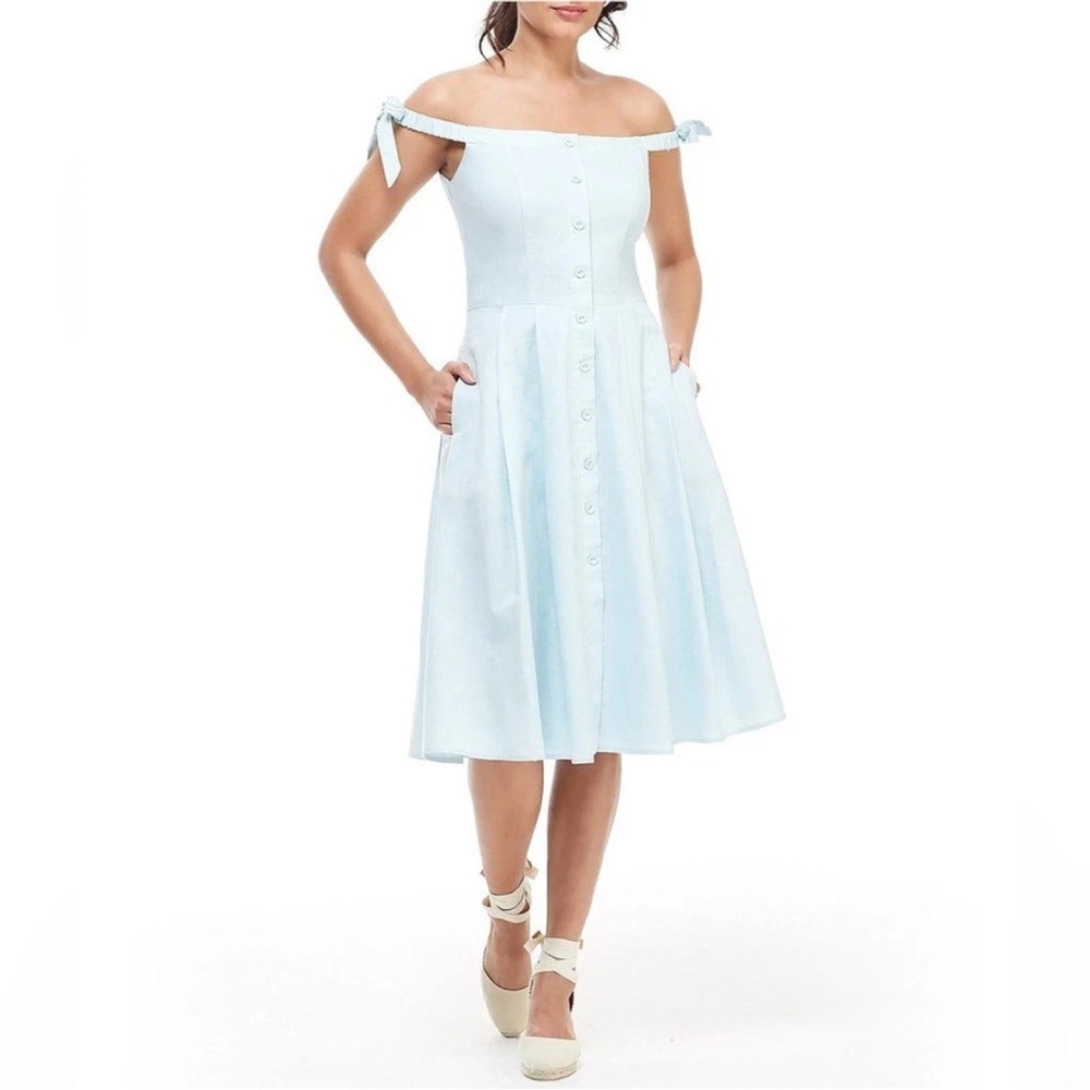 Gal‎ Meets Glam Dora Midi Dress Size 10 Blue Linen Blend Off the Shoulder
